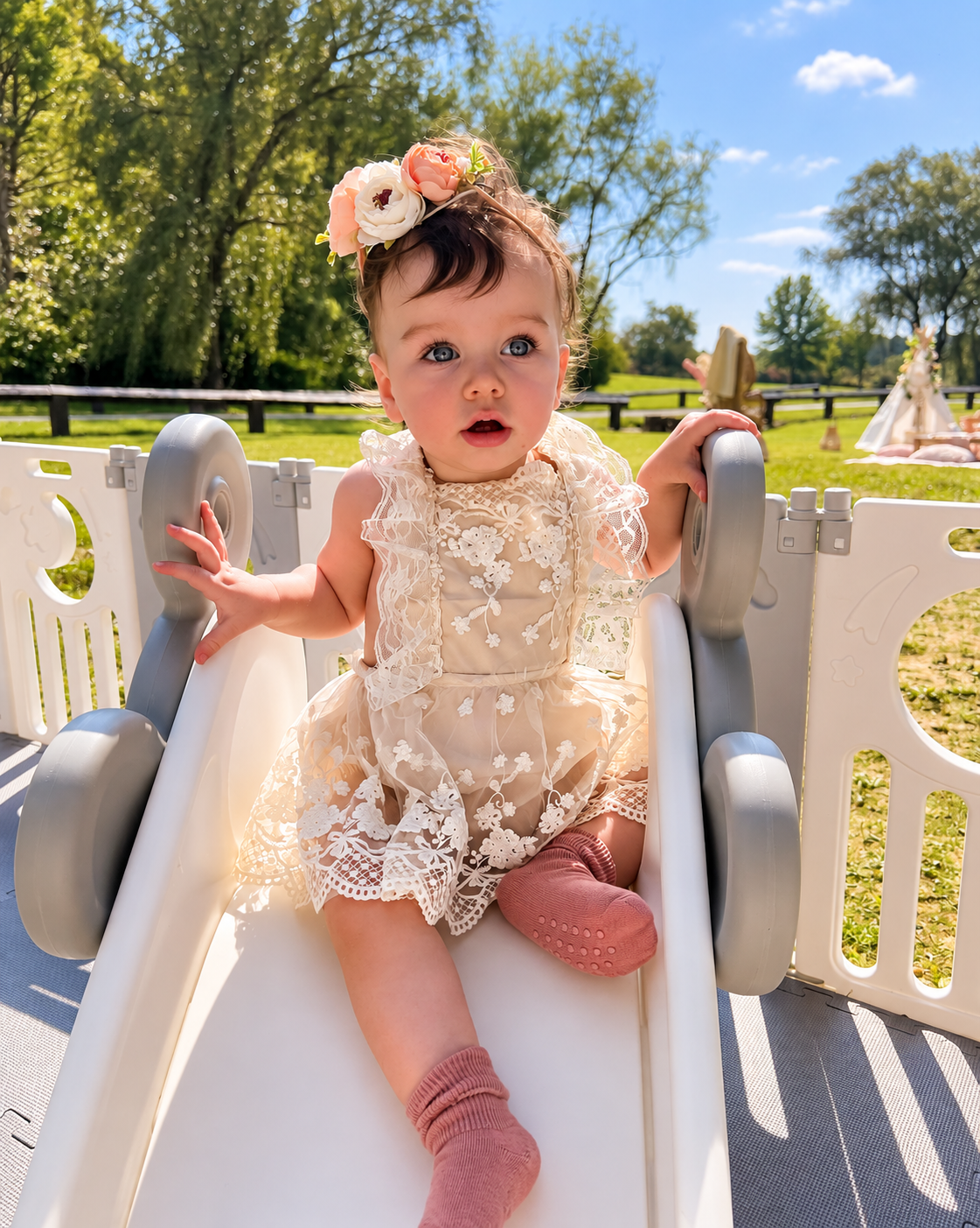 Baby in a lace dress seated on a slide at a styled celebration