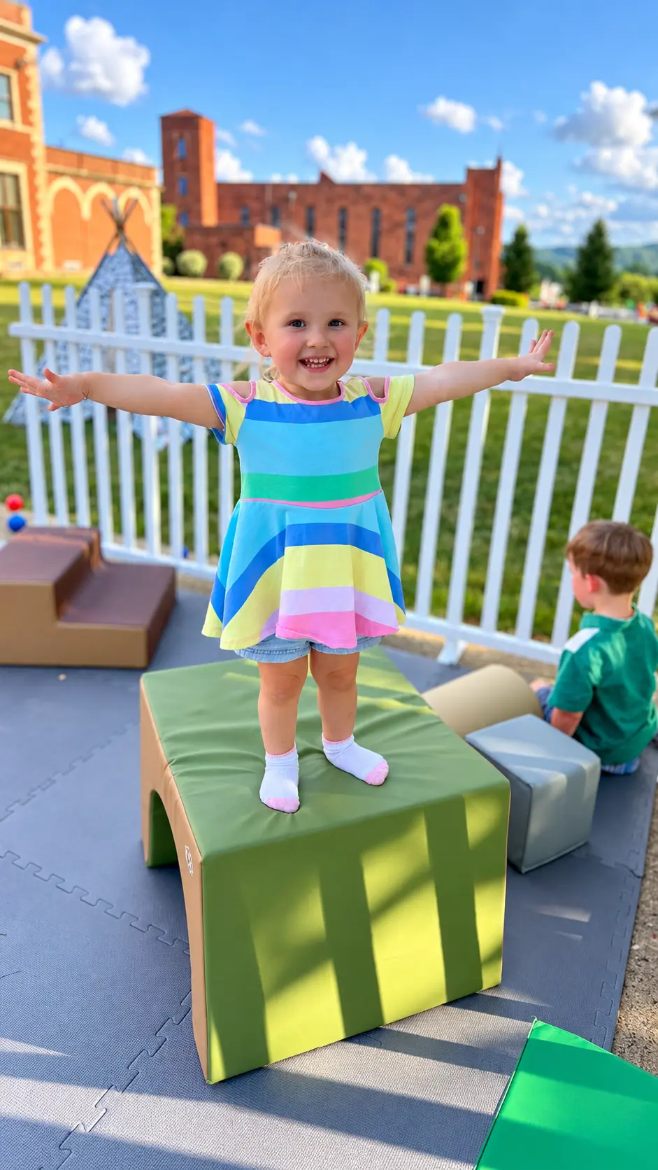 Girl standing on green play blocks outdoors
